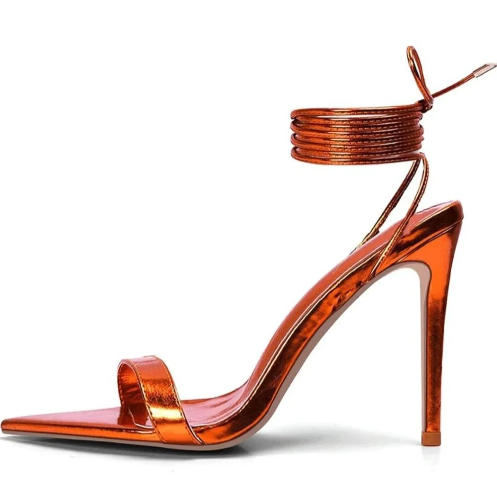 Women Strappy High Heel 4" Size 8 Metallic Orange Stiletto Sandals Gladiator - Picture 3 of 11